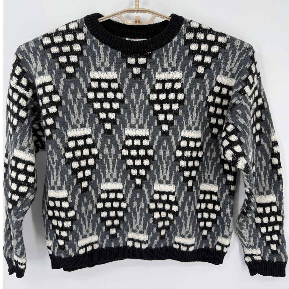 Benetton Vintage Sweater Geometric Black White Gray 80's Size Medium Made Italy